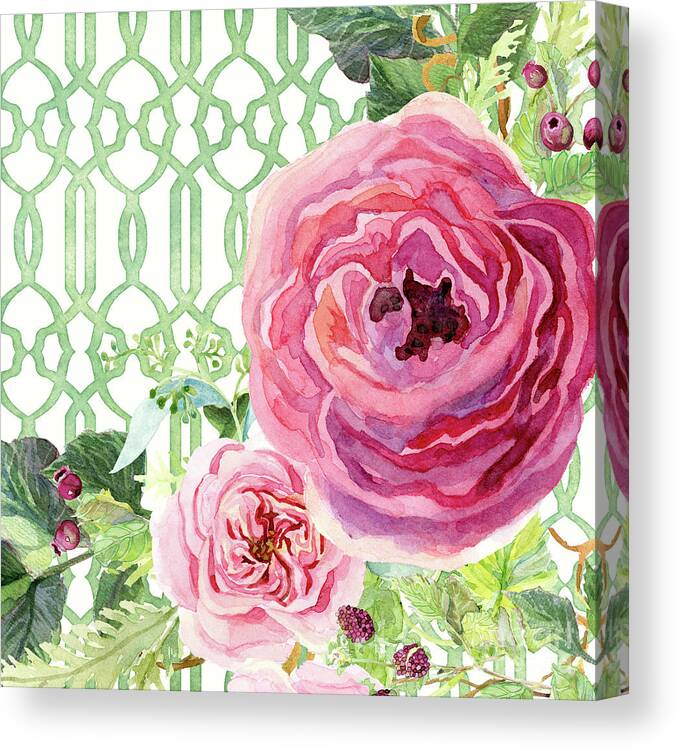Watercolor On Paper Canvas Print featuring the painting Secret Garden 3 - Pink English roses with Woodsy Fern, Wild Berries, Hops and Trellis by Audrey Jeanne Roberts