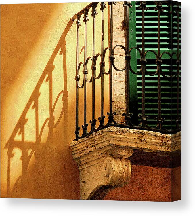 Tuscany Canvas Print featuring the photograph Shadows and Green Shutter by Vicki Hone Smith