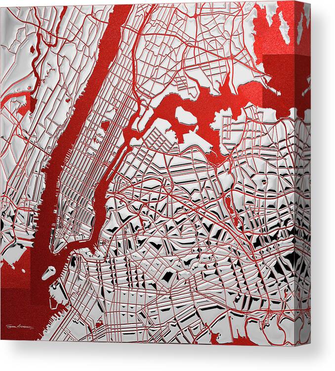 'nyc ' Collection By Serge Averbukh Canvas Print featuring the digital art Silver Cities - Silver City Map New York on Red by Serge Averbukh