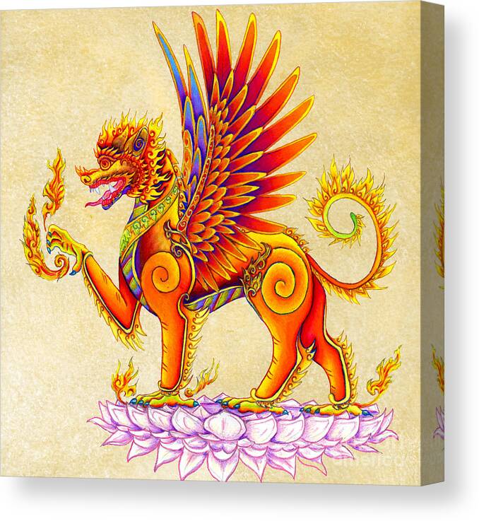 Singha Canvas Print featuring the drawing Singha Balinese Winged Lion by Rebecca Wang