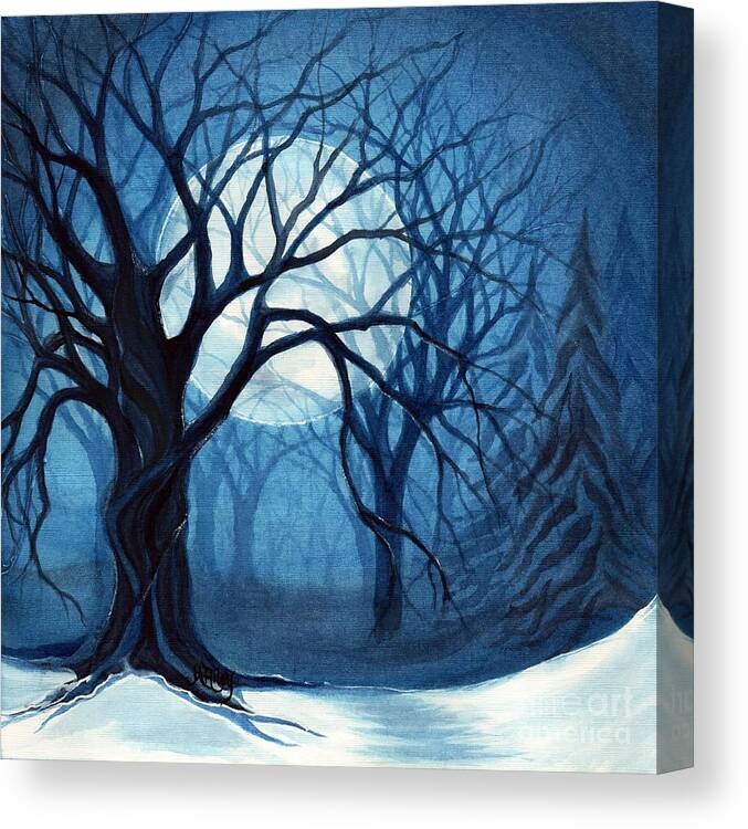 Moon Canvas Print featuring the painting Something In the air tonight - Winter Moonlight Forest by Janine Riley