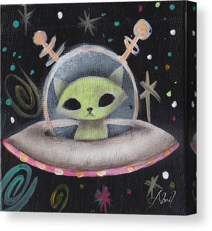 Mid Century Modern Canvas Print featuring the painting Space Ship Green Cat by Abril Andrade