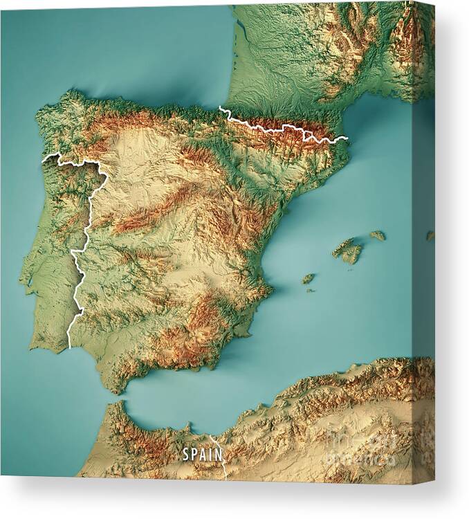 Spain Canvas Print featuring the digital art Spain Country 3D Render Topographic Map Border by Frank Ramspott