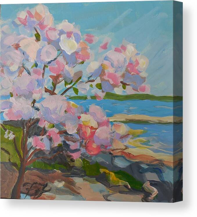Landscape Canvas Print featuring the painting Spring Blooms by Sea by Francine Frank