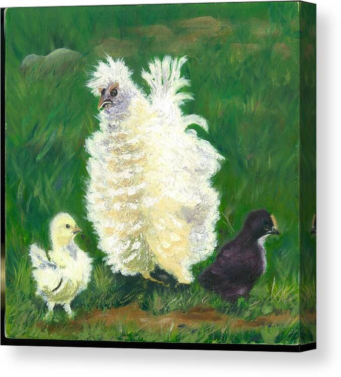 Bantam Frizzle Farmscene Chickens Hen Bird Nature Animals Spring Freerangers Canvas Print featuring the painting Squiggle by Paula Emery