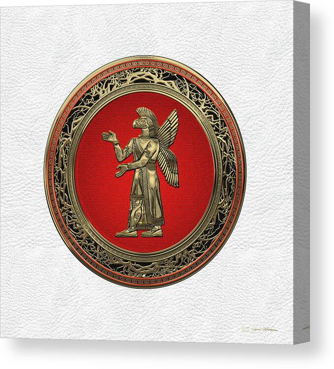 ‘treasures Of Mesopotamia’ Collection By Serge Averbukh Canvas Print featuring the digital art Sumerian Deities - Gold God Ninurta over White Leather by Serge Averbukh