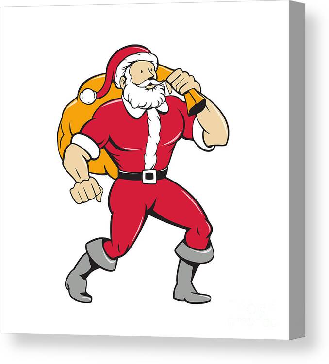 Santa Canvas Print featuring the digital art Super Santa Claus Carrying Sack Isolated Cartoon by Aloysius Patrimonio