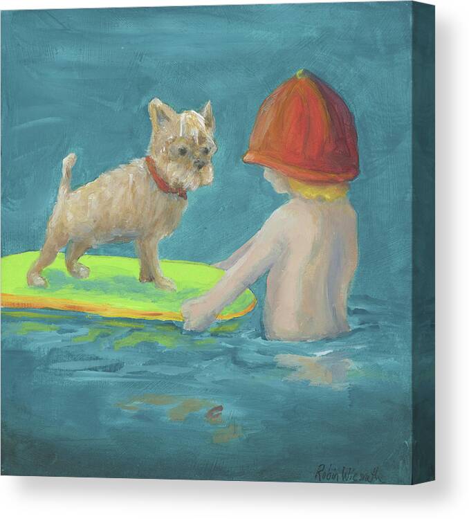Dog Canvas Print featuring the painting Surfing lessons by Robin Wiesneth