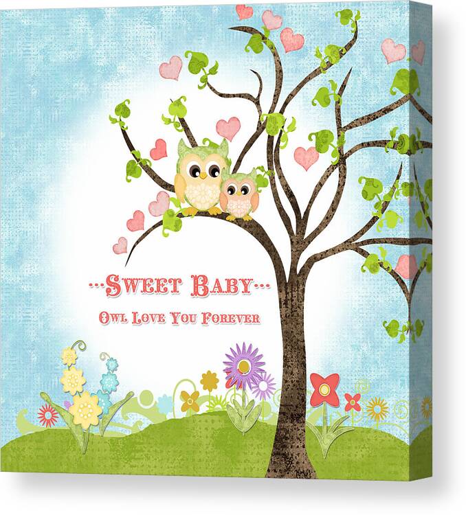 Owl Canvas Print featuring the painting Sweet Baby - Owl Love You Forever Nursery by Audrey Jeanne Roberts
