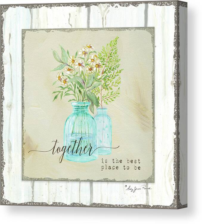 Aqua Canvas Print featuring the painting Sweet Life Farmhouse 2 Together Aqua Vintage Antique Bottles with Daisies Fern Frond Shiplap Wood by Audrey Jeanne Roberts