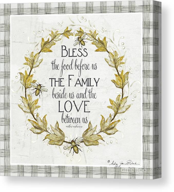 Bless The Food Canvas Print featuring the painting Sweet Life Farmhouse 4 Laurel Leaf Wreath Bee Bless This Food by Audrey Jeanne Roberts