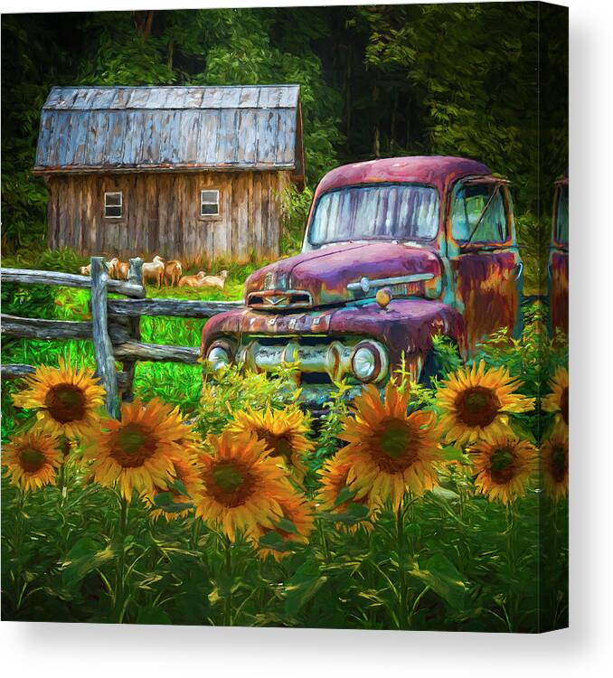 1940s Canvas Print featuring the photograph Take us for a Ride in the Sunflower Patch Oil Painting by Debra and Dave Vanderlaan