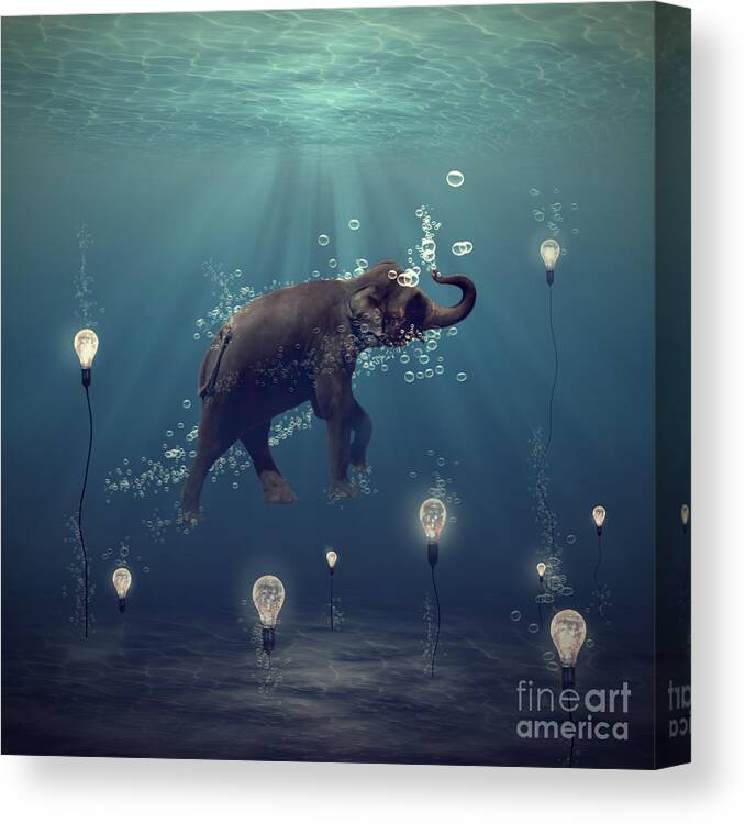 Elephantsea Ocean Blue Square Animal Happy Bubble Digital Surreal Imagination Dreamlike Light Underwater Canvas Print featuring the photograph The dreamer by Martine Roch