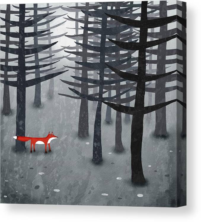 Fox Forest Woods Trees Foxes Pines Wildlife Nature Pine Trees Pine Forest Wild Landscape Grey Gray Black Red Art Painting Design Squirrell #nicsquirrell Foxy Nature Wildlife Creatures Forest Creatures Wilderness Animals Landscapes Canvas Print featuring the painting The Fox and the Forest by Nic Squirrell