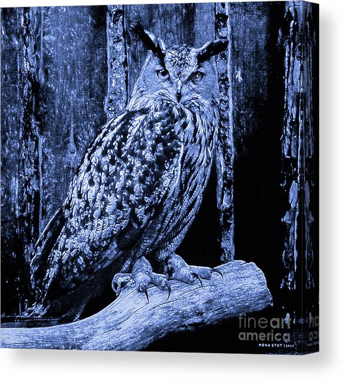 Mona Stut Canvas Print featuring the mixed media Majestic Great Horned Owl Bubo Bubo Indigo by Mona Stut
