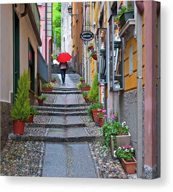 Red Umbrella Canvas Print featuring the photograph The Red Umbrella - Bellagio, Lake Como, Italy #1 by Denise Strahm