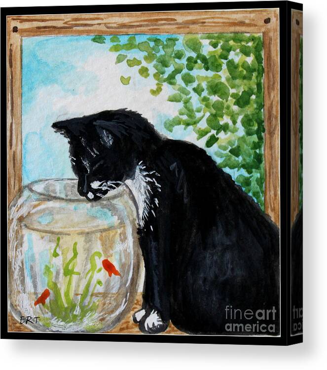 Cats Canvas Print featuring the painting The Tuxedo Cat and The Fish bowl by Elizabeth Robinette Tyndall