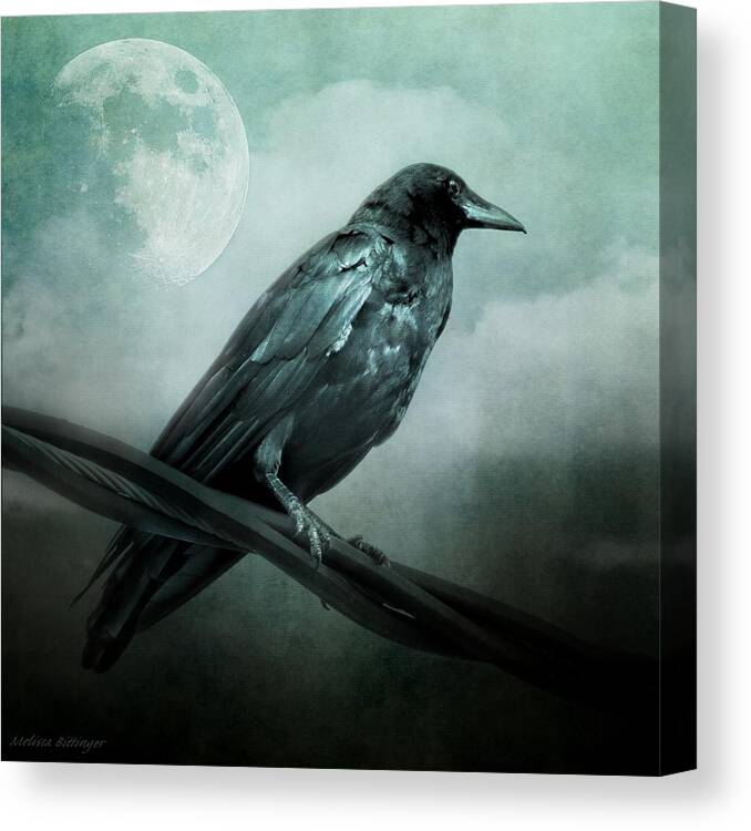 Crow Canvas Print featuring the photograph The Watcher Surreal Raven Crow Moon and Clouds by Melissa Bittinger