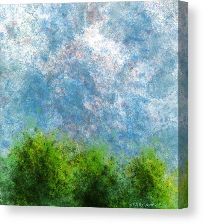 Bonnie Follett Canvas Print featuring the digital art Three Trees with Clouds full color version by Bonnie Follett