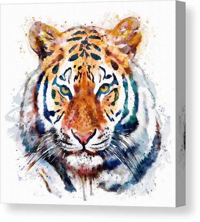 Marian Voicu Canvas Print featuring the painting Tiger Head watercolor by Marian Voicu