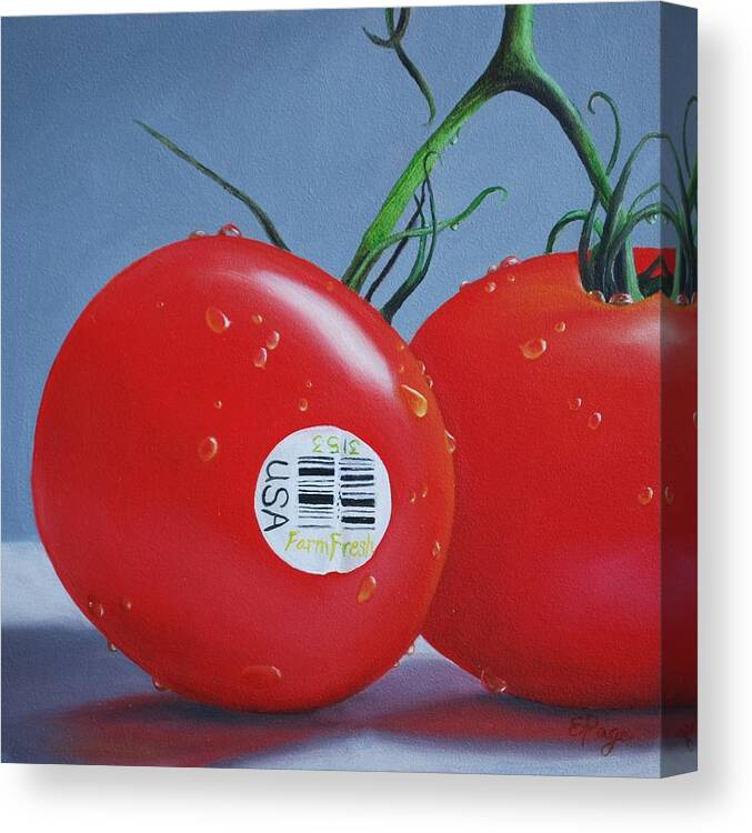 Realism Canvas Print featuring the painting Tomatoes with Sticker by Emily Page