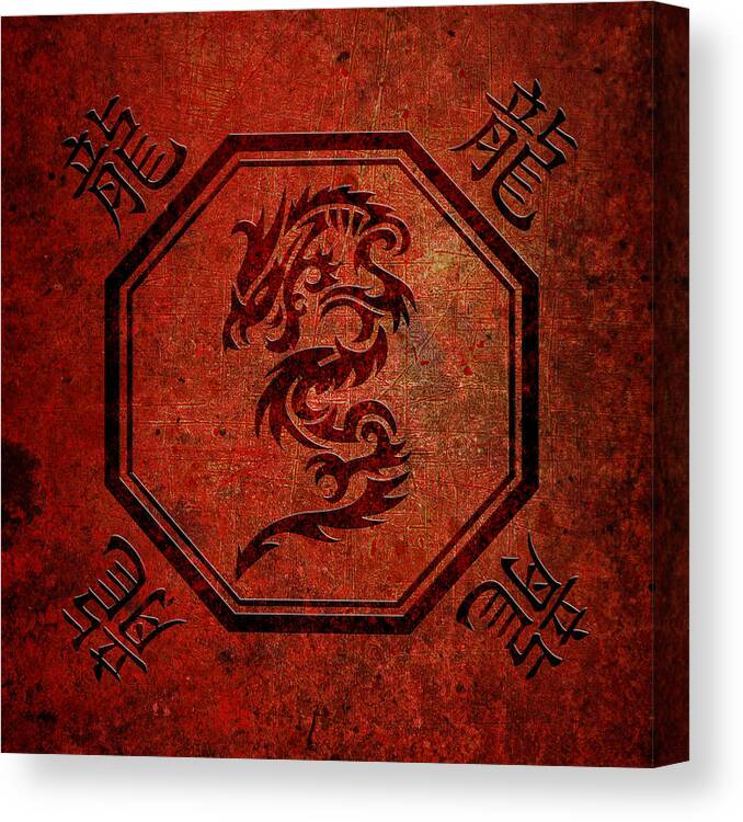 Chinese Canvas Print featuring the digital art Tribal Dragon in an Octagon Frame with Chinese Dragon Characters Red Color Burn by Fred Bertheas