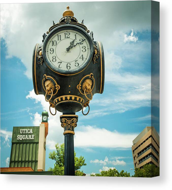America Canvas Print featuring the photograph Tulsa Utica Square Vintage Clock - Square Art by Gregory Ballos
