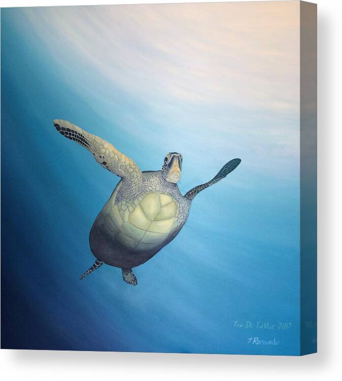 Deep Sea Ocean Water Animal Nature Turtle Illustration Blue Oil Canvas Print featuring the painting Turtle's Glory by Torrence Ramsundar