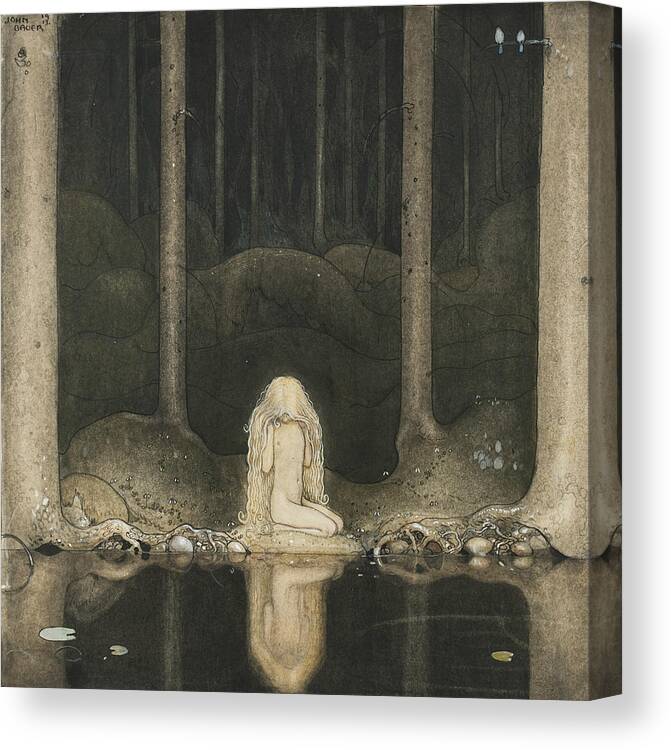 Swedish Art Canvas Print featuring the painting Tuvstarr is Still Sitting There Wistfully Looking into the Water by John Bauer