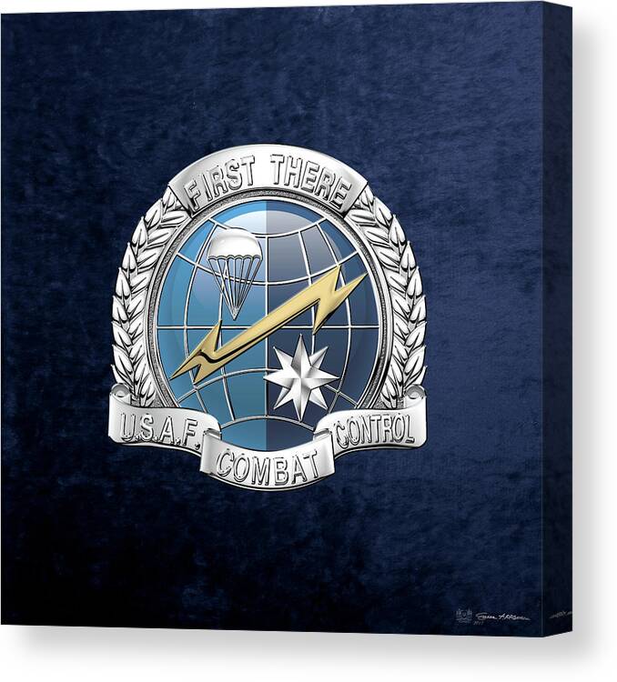 'military Insignia & Heraldry' Collection By Serge Averbukh Canvas Print featuring the digital art U. S. Air Force Combat Control Teams - Combat Controller C C T Badge over Blue Velvet by Serge Averbukh