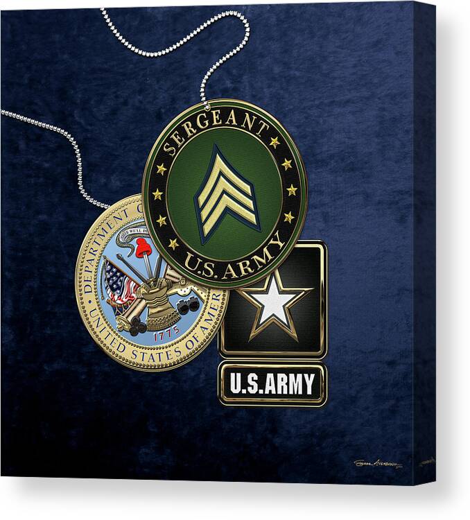 Military Insignia 3d By Serge Averbukh Canvas Print featuring the digital art U. S. Army Sergeant - S G T Rank Insignia with Army Seal and Logo over Blue Velvet by Serge Averbukh