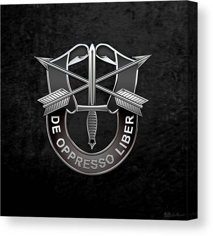 'military Insignia & Heraldry' Collection By Serge Averbukh Canvas Print featuring the digital art U. S. Army Special Forces - Green Berets D U I over Black Velvet by Serge Averbukh