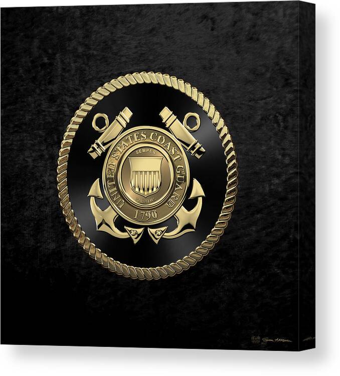 'military Insignia & Heraldry' Collection By Serge Averbukh Canvas Print featuring the digital art U. S. Coast Guard - U S C G Emblem Black Edition over Black Velvet by Serge Averbukh
