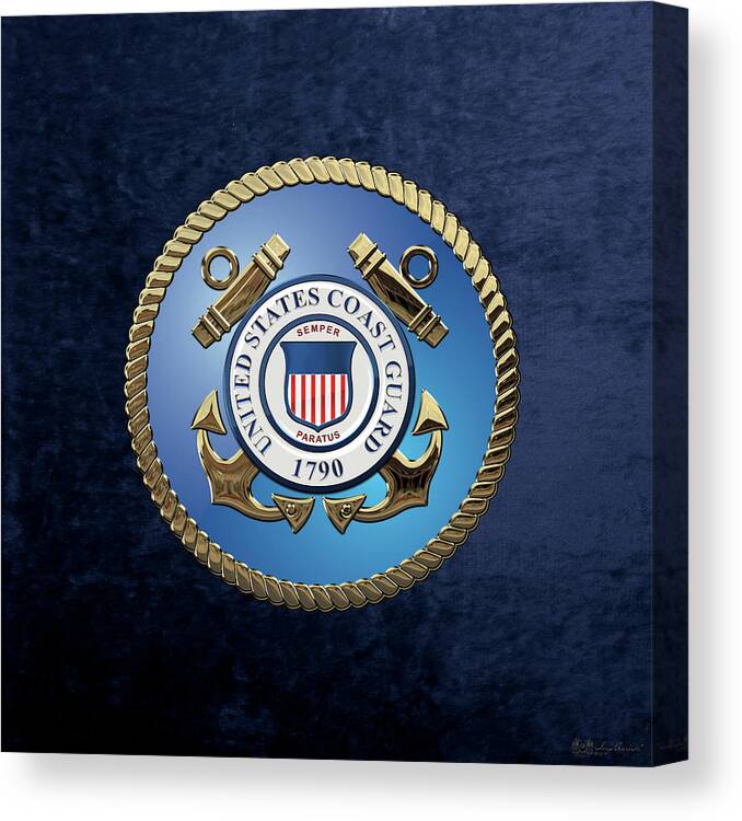 'military Insignia & Heraldry 3d' Collection By Serge Averbukh Canvas Print featuring the digital art U. S. Coast Guard - U S C G Emblem over Blue Velvet by Serge Averbukh