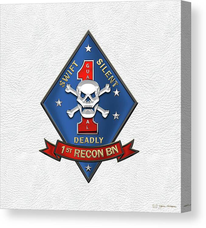 'military Insignia & Heraldry' Collection By Serge Averbukh Canvas Print featuring the digital art U S M C 1st Reconnaissance Battalion - 1st Recon Bn Insignia over White Leather by Serge Averbukh