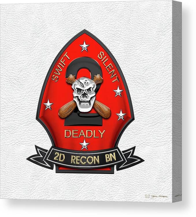 'military Insignia & Heraldry' Collection By Serge Averbukh Canvas Print featuring the digital art U S M C 2nd Reconnaissance Battalion - 2nd Recon Bn Insignia over White Leather by Serge Averbukh