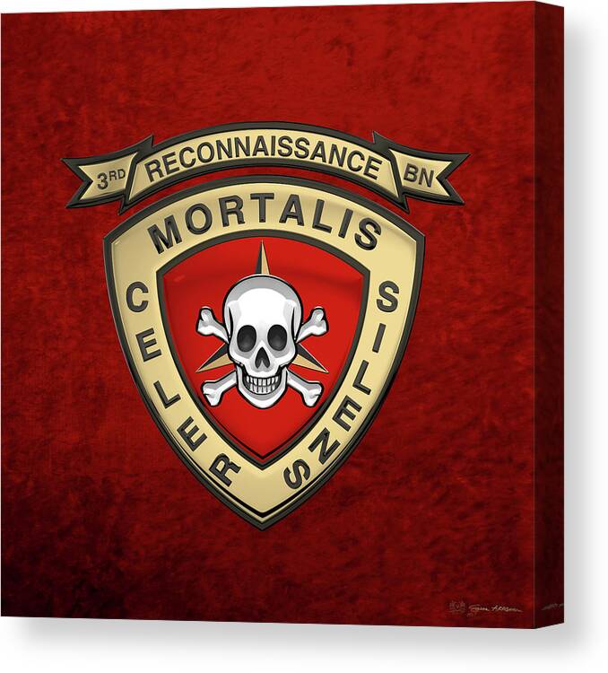 'military Insignia & Heraldry' Collection By Serge Averbukh Canvas Print featuring the digital art U S M C 3rd Reconnaissance Battalion - 3rd Recon Bn Insignia over Red Velvet by Serge Averbukh