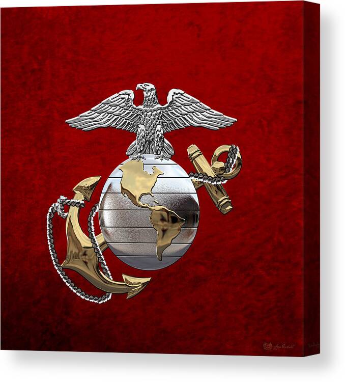 'usmc' Collection By Serge Averbukh Canvas Print featuring the digital art U S M C Eagle Globe and Anchor - C O and Warrant Officer E G A over Red Velvet by Serge Averbukh