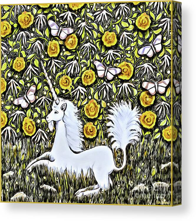 Lise Winne Canvas Print featuring the photograph Unicorn with Yellow Flowers and Butterflies by Lise Winne
