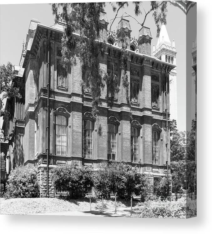 Wingsdomain Canvas Print featuring the photograph University of California Berkeley Historic South Hall and The Campanile DSC4058 square bw by Wingsdomain Art and Photography