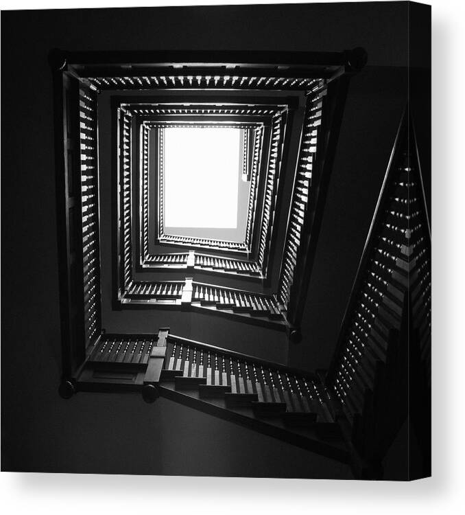 Stairs Canvas Print featuring the photograph Upstairs- Black and White Photography by Linda Woods by Linda Woods