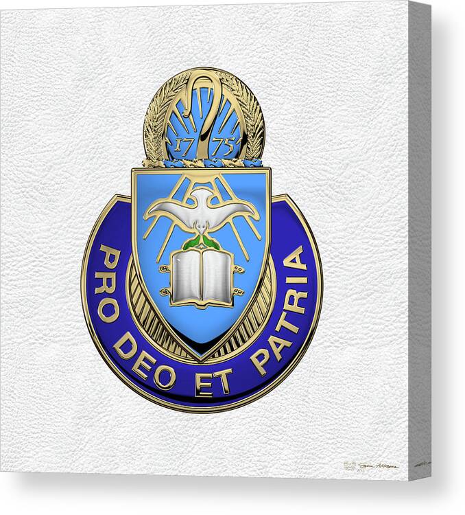 'military Insignia & Heraldry' Collection By Serge Averbukh Canvas Print featuring the digital art U.S. Army Chaplain Corps - Regimental Insignia over White Leather by Serge Averbukh