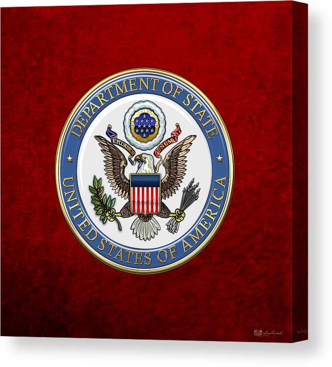 'military Insignia & Heraldry 3d' Collection By Serge Averbukh Canvas Print featuring the digital art U. S. Department of State - DoS Emblem over Red Velvet by Serge Averbukh
