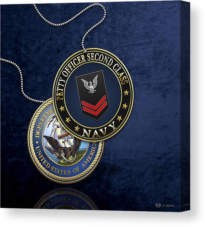 Military Insignia 3d By Serge Averbukh Canvas Print featuring the digital art U.S. Navy Petty Officer Second Class - PO2 Rank Insignia over Blue Velvet by Serge Averbukh