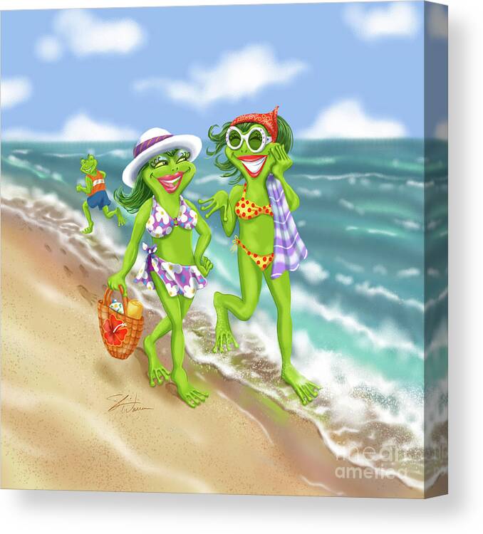 Frogs Canvas Print featuring the mixed media Vacation Beach Frog Girls by Shari Warren