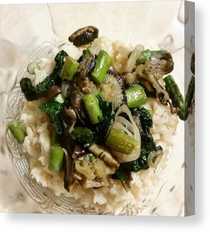 Braggs Canvas Print featuring the photograph #veggie #stirfry Over #brownrice by Lisa Marchbanks