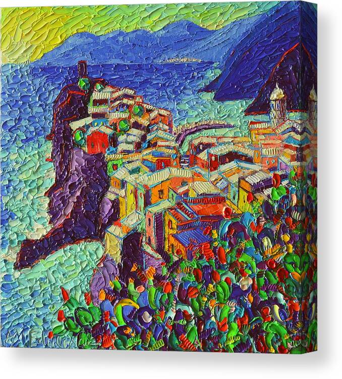 Vernazza Canvas Print featuring the painting Vernazza Cinque Terre Italy 2 Modern Impressionist Palette Knife Oil Painting By Ana Maria Edulescu by Ana Maria Edulescu