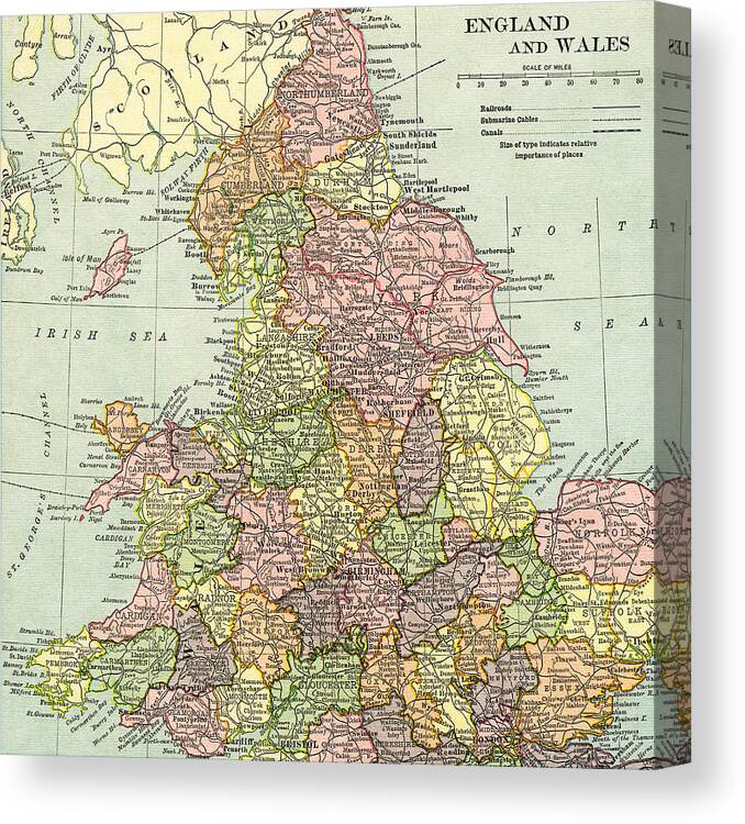 Maps Canvas Print featuring the photograph Vintage Map of England and Wales by Digital Art Cafe