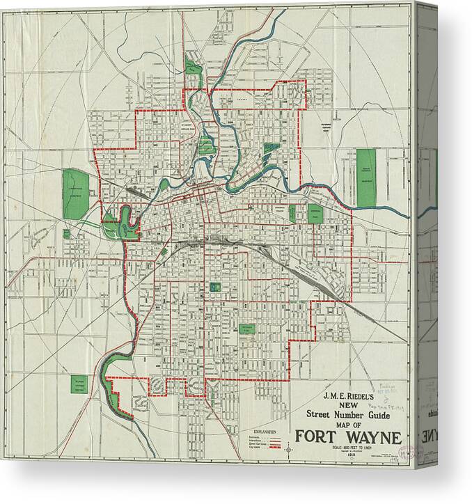 Vintage Map of Fort Wayne Indiana - 1919 Canvas Print / Canvas Art by