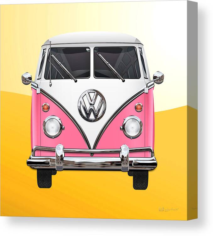 'volkswagen Type 2' Collection By Serge Averbukh Canvas Print featuring the digital art Volkswagen Type 2 - Pink and White Volkswagen T 1 Samba Bus on Yellow by Serge Averbukh